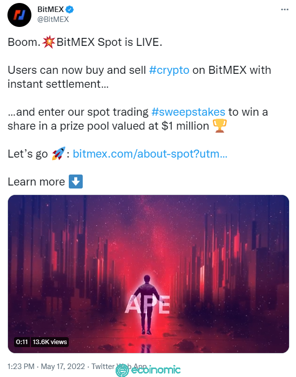 BitMEX officially announced on May 17 that the exchange's spot market is now operational. 