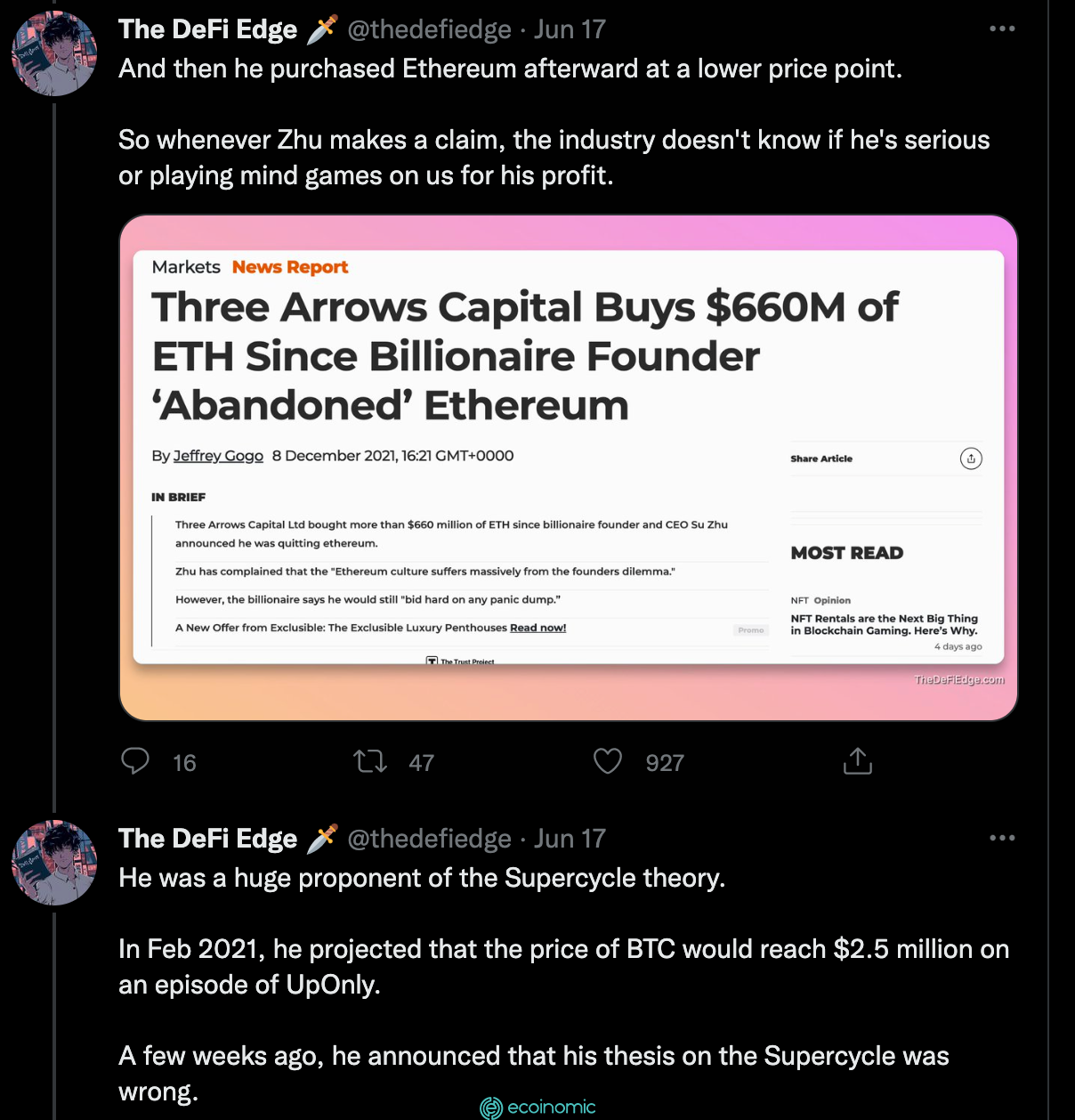 Founder of 3AC - Zhu once posted a FUD ETH tweet and then purchased eth