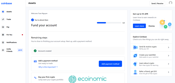 Successfully signing up for Coinbase