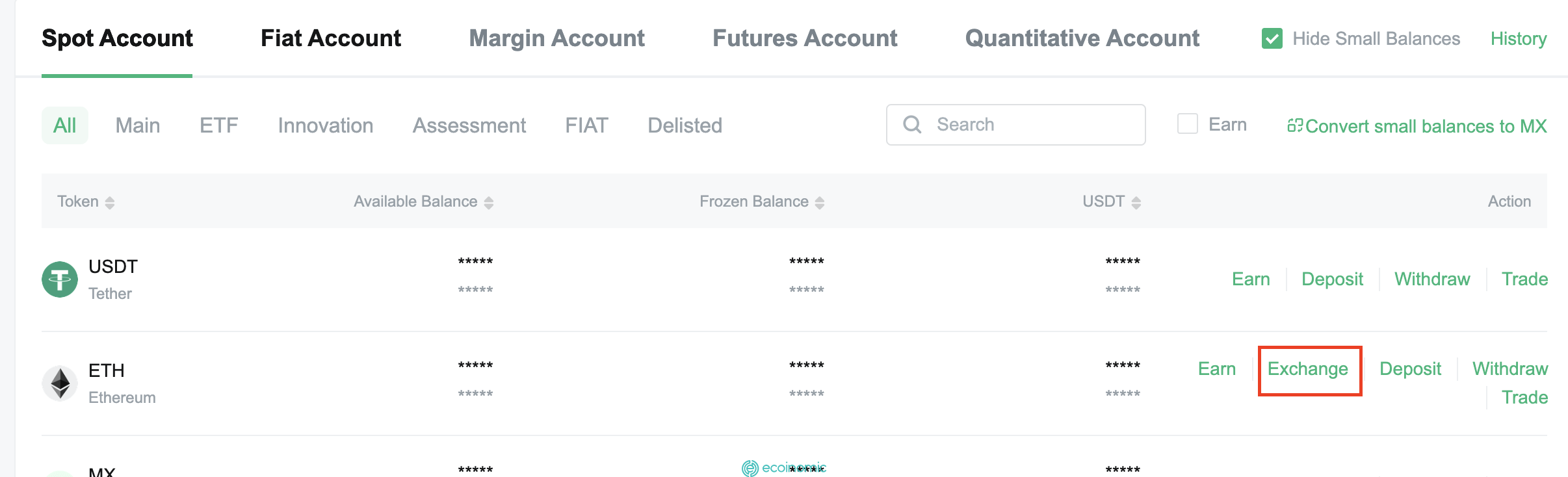 Find ETH in your Spot account, click Exchange