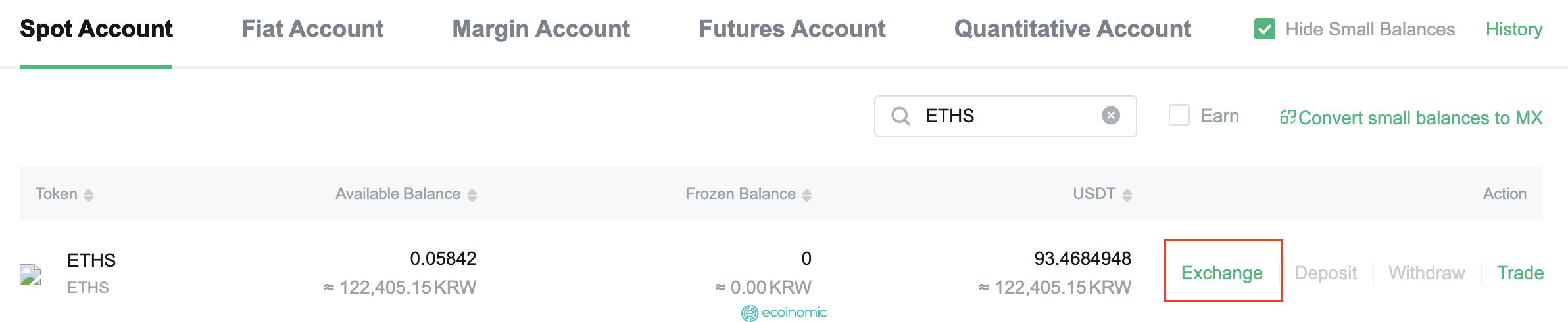 Find ETHS or ETHW in your spot account, tap Exchange