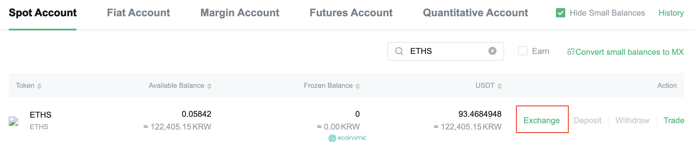 Tìm ETHS hoặc ETHW trong tài khoản Spot, nhấn vào Exchange