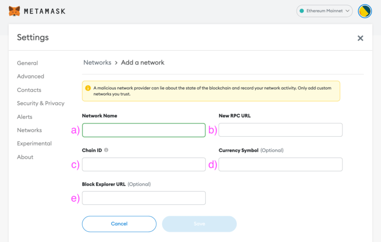 The information to fill in to customize RPC