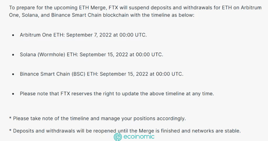 FTX sẽ tạm dừng hoạt động gửi và rút tiền trong thời gian diễn ra sự kiện The Merge