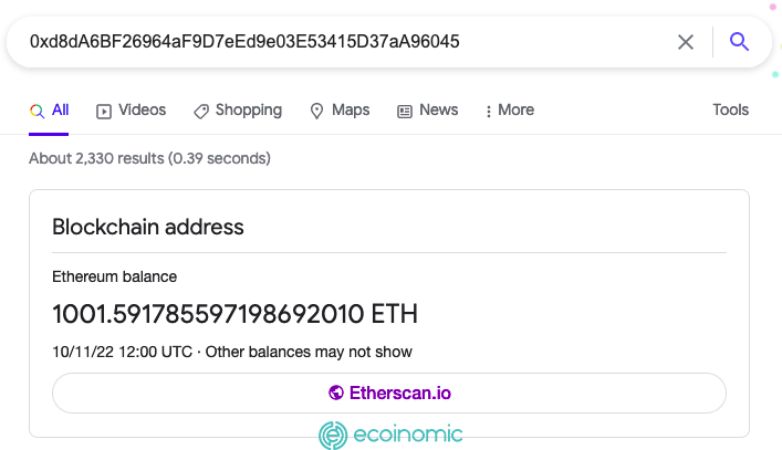 A Google search for an Ethereum address
