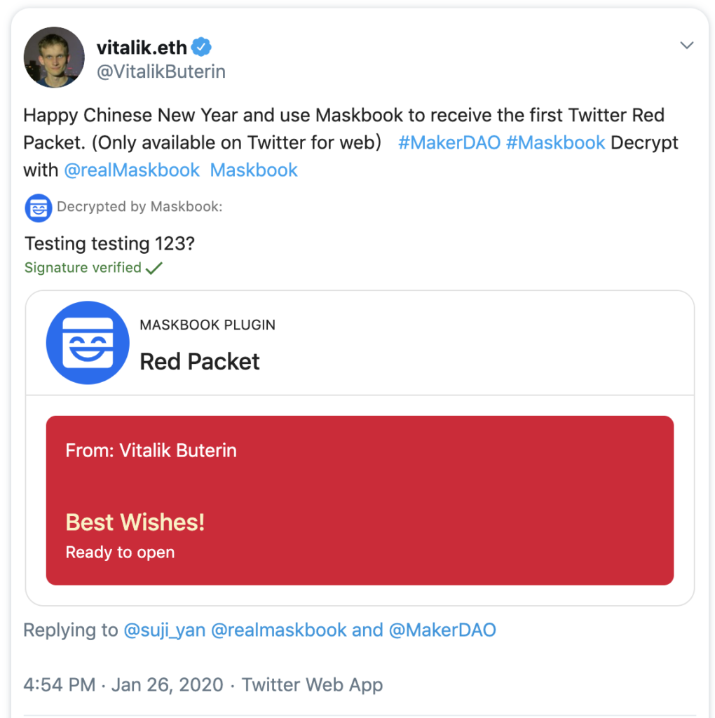 Vitalik Buterin sent his 1st ETH giveaway red packets using Mask Network