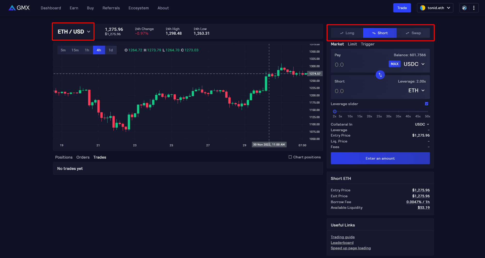 Tính năng trading của GMX